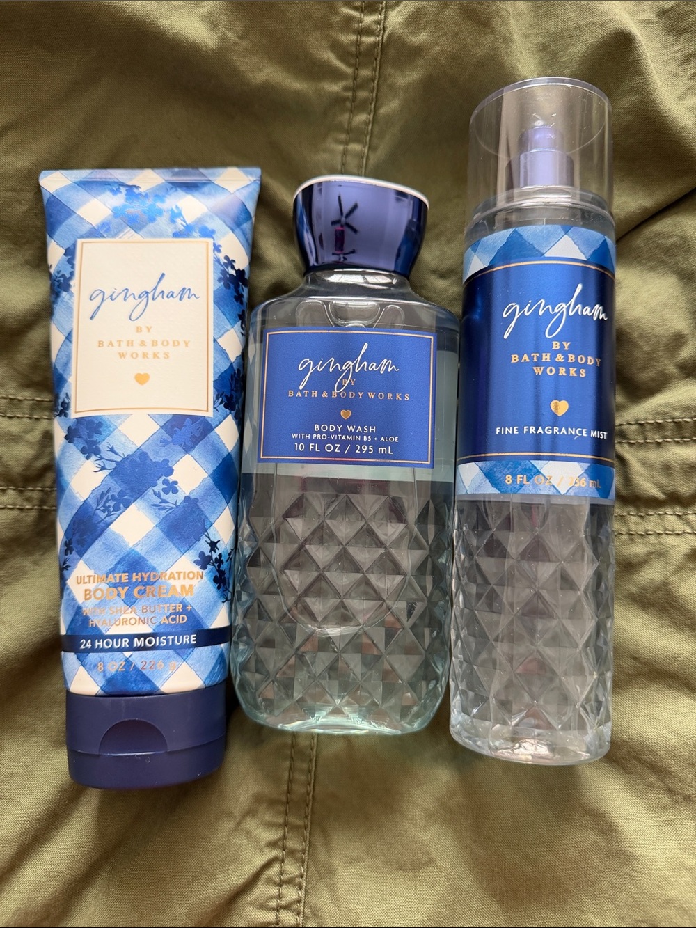 Bath & Body Works Gingham Set — Blue & White Body Cream, Wash & Mist